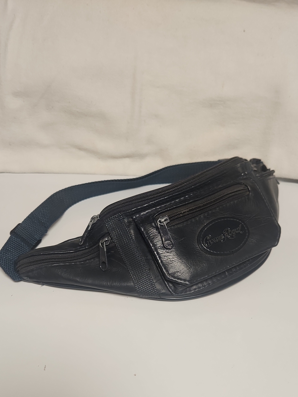 Crown Royal Navy Blue Faux Leather Zipper Belt Bag Fanny Pack Adjustable Strap
